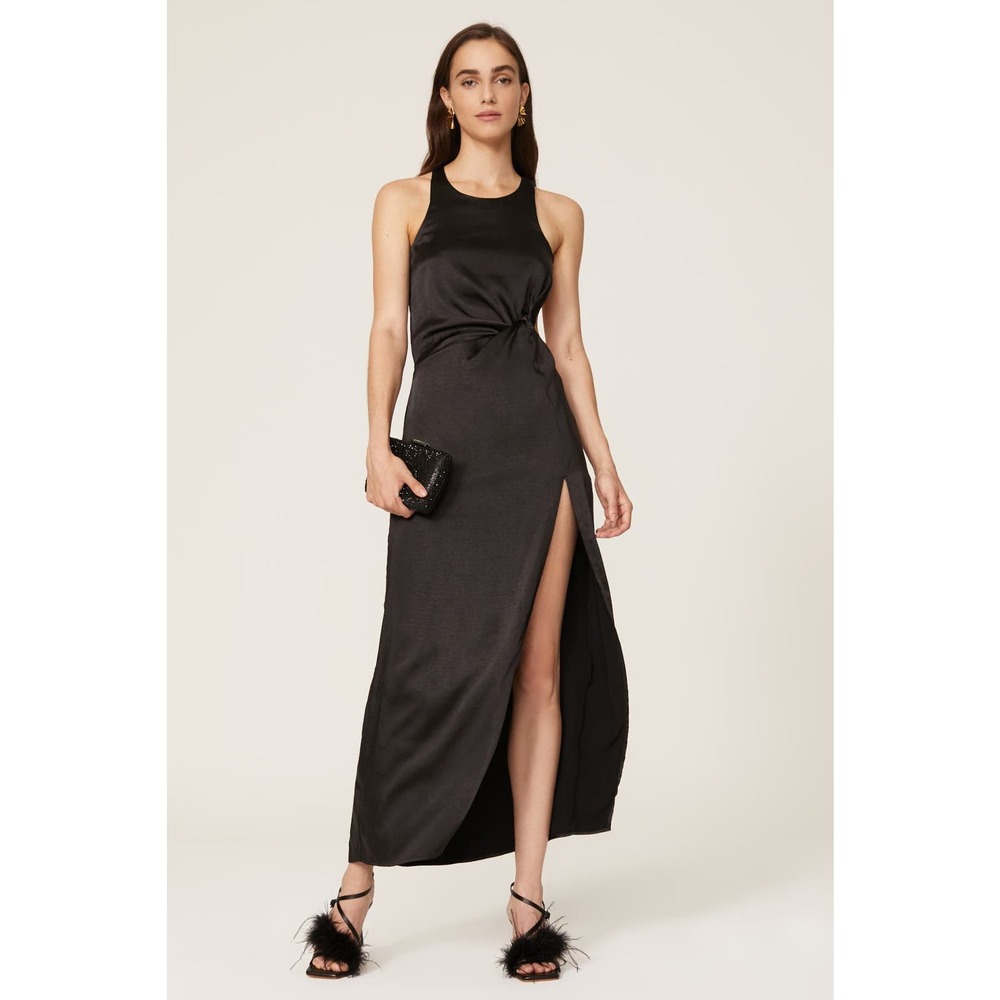 NWT For Love & Lemons Taliah Twist Front Silky Satin Maxi Gown Black Size XS